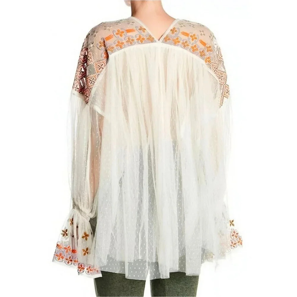 Free People ✦ Boho Tunic Top ✦ Ivory Combo Swiss Dot Embroidered Sheer XS NWT - Picture 2 of 13